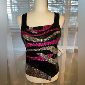 Black top w/ pink and white zebra print sequins